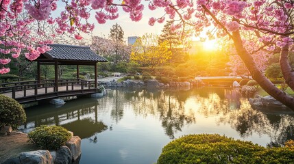 Serene Japanese Garden at Sunset: Blossoming Cherry Trees and Tranquil Pond