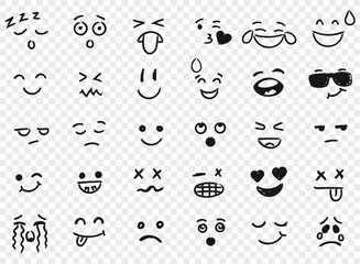 Emojis faces icon in hand drawn style. Doddle emoticons vector illustration on isolated background. Happy and sad face sign business concept.