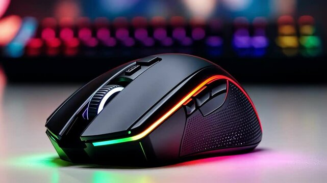 A sleek gaming mouse with vibrant LED lights on a stylish workspace.