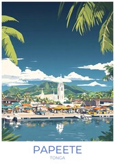 Obraz premium Papeete Tonga Travel Poster Flat Illustration Print Decor Gift Canvas Wall Art Gift