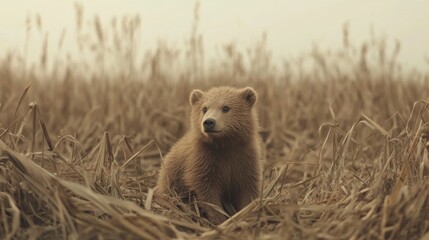 Obraz premium Cute grizzly bear cub in tall grass.
