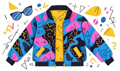 Fototapeta premium 90s Retro Fashion, showcasing bold geometric patterns and vibrant colors, representing an iconic old-school style from the decade.