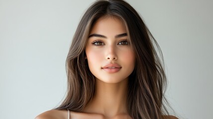 Naklejka premium Close-up portrait of a young woman with long brown hair and subtle makeup. Ideal for beauty, fashion, or cosmetic advertising.