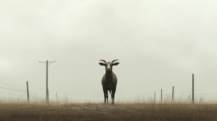 Lone goat standing in a foggy field, facing the camera, with utility poles in the background.