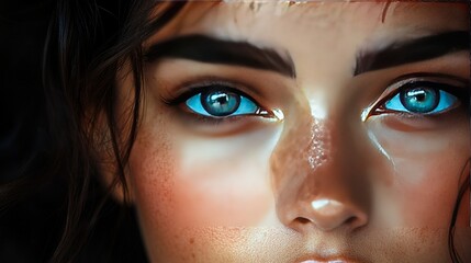 Fototapeta premium Close up of woman's eyes, dark hair, dark background. Use as portrait