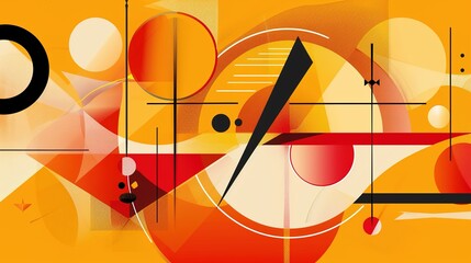 Modern and minimal abstract background in orange, yellow, and red hues featuring a banner adorned with geometric shapes like lines, stripes, and triangles. The gradient effect adds a touch of elegance