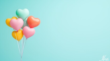 A bunch of brightly colored heart shaped balloons floating against a clear blue sky, creating a cheerful, festive, and celebratory atmosphere.