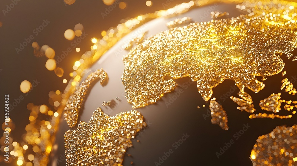 Poster golden globe enigma, a captivating 3d rendering of a globe encircled by luminous golden light, symbo