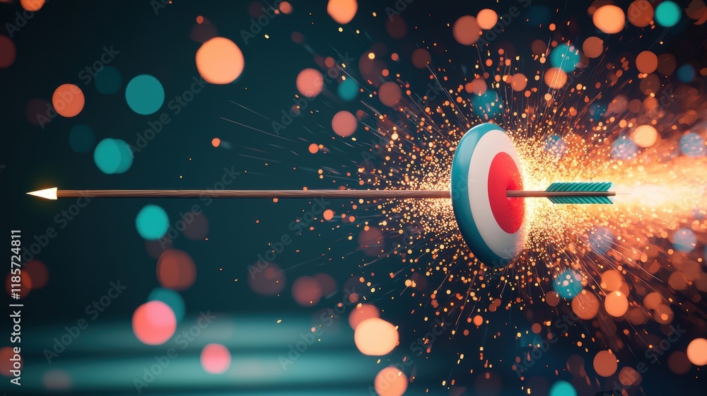 Poster an abstract image of a glowing target with an arrow hitting the bullseye, surrounded by bursts of co