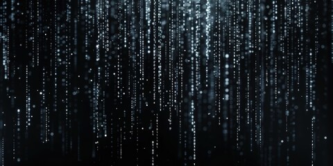 A digital representation of cascading light effects resembling rain or data streams against a dark background.