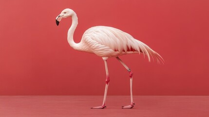 Fototapeta premium Pink flamingo standing on red background.