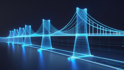Obraz premium Futuristic Wireframe Bridge Design Illuminated in Neon Blue Against a Dark Background