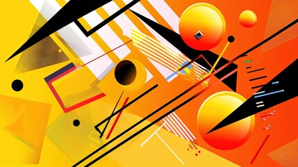 Modern and minimal abstract background in orange, yellow, and red hues featuring a banner adorned with geometric shapes like lines, stripes, and triangles. The gradient effect adds a touch of elegance