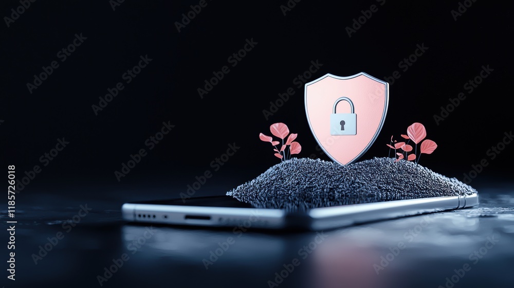 Poster a smartphone screen displaying a shield icon with a padlock, conveying the concept of mobile securit
