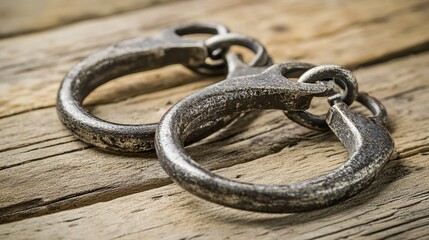 Obraz premium Handcuffs resting on a wooden table with a blurred background, symbolizing restraint and the complexity of freedom and confinement.