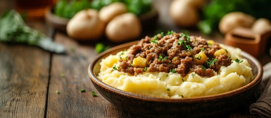 A rustic bowl of mashed potatoes with Scottish haggis and herbs. Burns Night wide banner, copy space