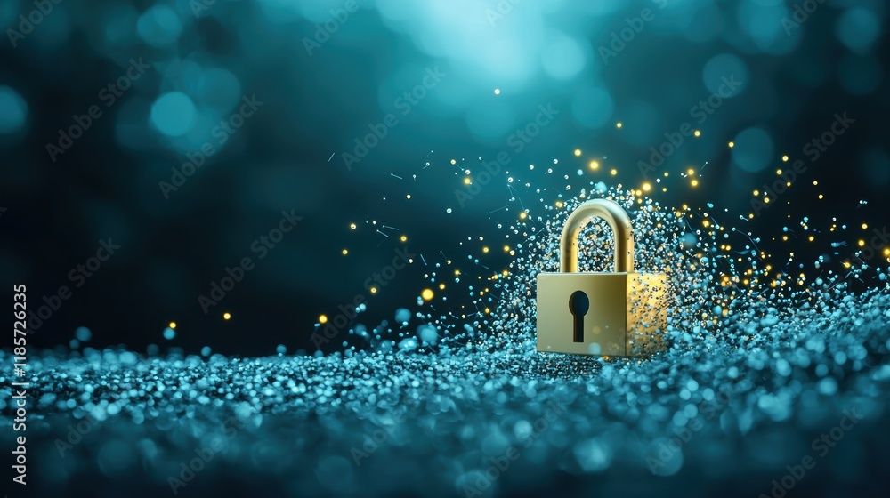 Poster a conceptual image of a padlock encasing a stream of data flowing through a network cable, visualizi
