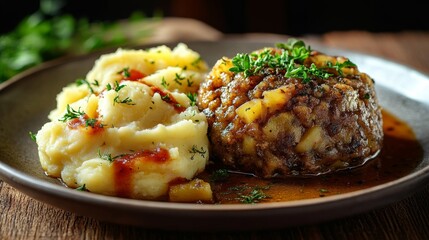 Plate of Scottish haggis and mashed potatoes topped with savory gravy and herbs. Burns Night meal