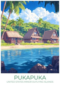 Pukapuka United states minor outlying islands Travel Poster Flat Illustration Print Decor Gift Canvas Wall Art Gift