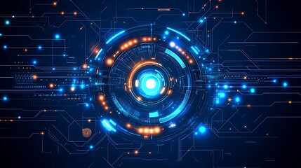 Obraz premium Abstract futuristic technology background with glowing circular interface and circuit board design.