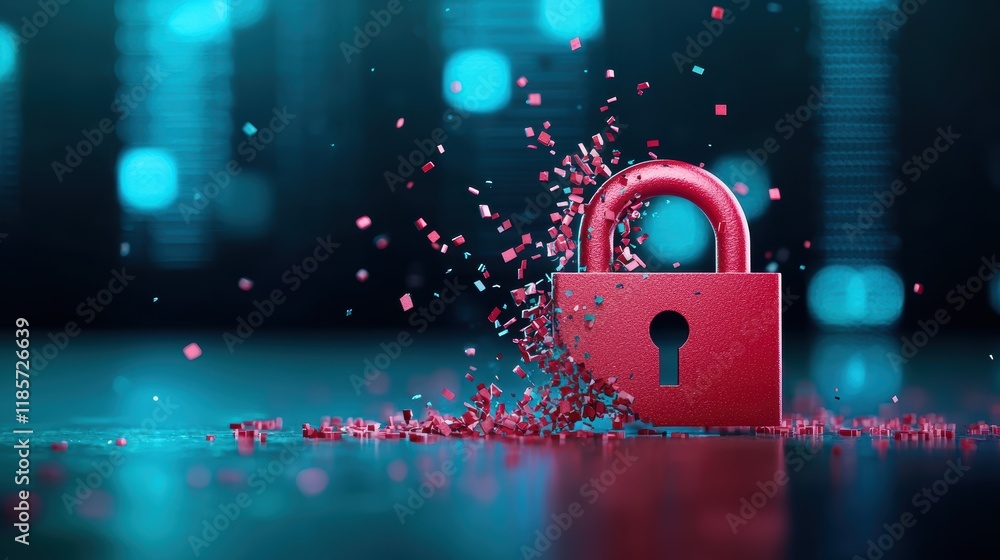 Poster a broken padlock superimposed on a blurred background of computer servers, representing the aftermat