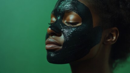 Obraz premium Young woman with activated charcoal mask on her face against green background