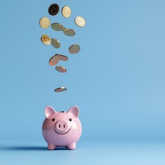 Piggy Bank with Coins Falling and Blue Background