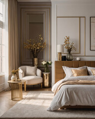 Peaceful traditional bedroom with large windows luxurious furniture and soft neutral color tones Contemporary Interior Design Inspiration