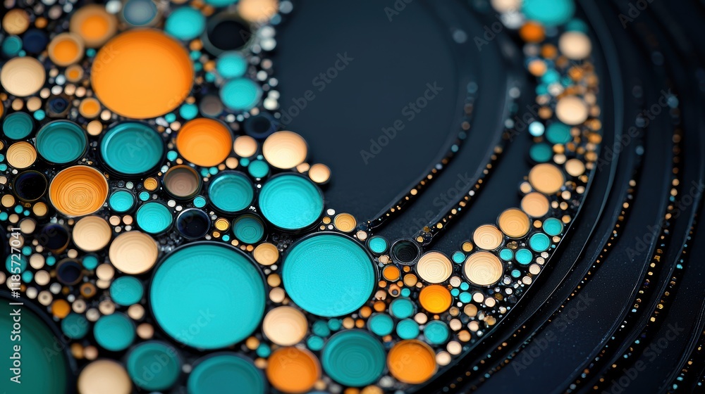 Poster macro shot of oil bubbles forming intricate patterns and shapes, resembling abstract art with a focu