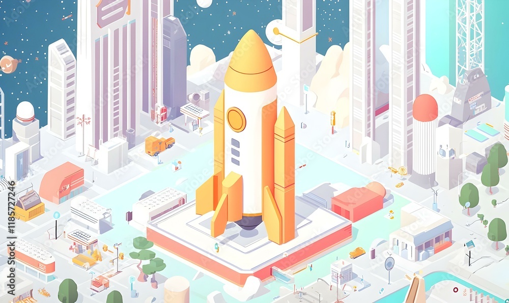 Poster sleek rocket design in isometric view, a minimalist approach showcasing aerodynamic lines and modern