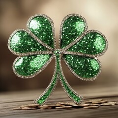 A sparkling green four-leaf clover ornament embellished with glitter, symbolizing luck and prosperity, set against a wooden background scattered with coins.