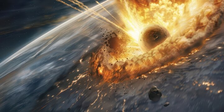 A dramatic depiction of an asteroid colliding with Earth, causing massive explosions and destruction.