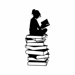 A girl is sitting on a stack of books. She is reading a book. The books are stacked on top of each other