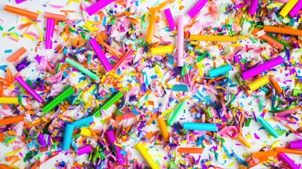 A Close up of a Pile of Colorful Confetti on a White Surface - Generative AI