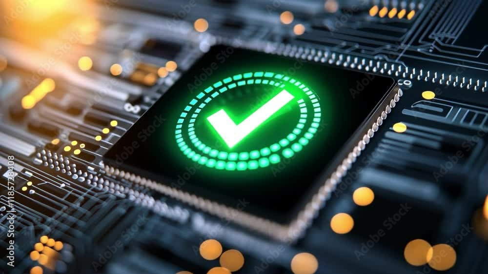 Poster close-up of a microchip with a green checkmark symbol on a circuit board.