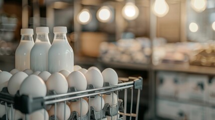 Side view of a shopping cart filled with milk bottles and eggs in a grocery store emphasizing fresh dairy products
