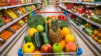 A brightly lit supermarket shopping cart filled with a variety of fresh fruits and vegetables including pineapples cucumbers and apples
