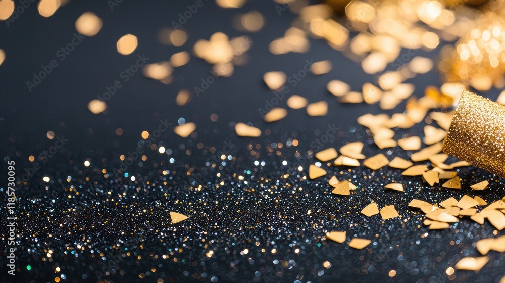 Poster an abstract composition of gold glitter scattered on a black background, creating a sparkling and fe