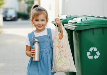 Young caucasian female child holding reusable bag and water bottle near recycling bins