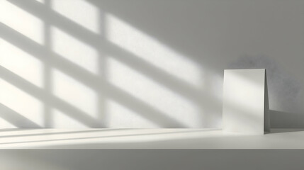 Sunlight illuminates blank card mockup on minimalist white shelf, studio backdrop.