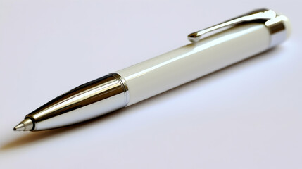 Fototapeta premium White pen writing instrument on desk, close-up, clean background, office stationery.