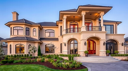 Obraz premium Large, two-story beige house with a multi-gabled roof, arched entryways, and extensive landscaping. The home features numerous windows, a balcony, and a paved driveway.