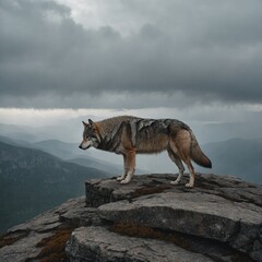 Fototapeta premium A lone wolf standing on a cliff with a cloudy white sky.