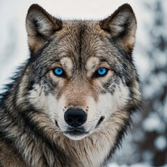 Obraz premium A close-up portrait of a wolf with piercing blue eyes on a white background.