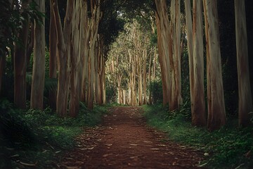 Forest path, eucalyptus trees, nature walk, peaceful background, travel poster