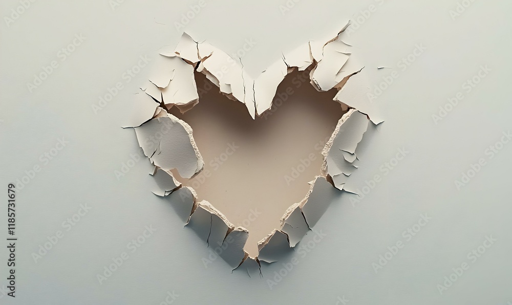 Poster torn heart on paper, a delicate composition of aged paper showcasing textured layers and a heart sha