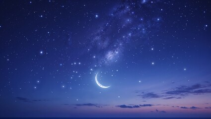 Fototapeta premium A Breathtakingly Serene Starry Night Sky with a Blanket of Twinkling Stars, a Crescent Moon, and Soft Clouds, Evoking a Sense of Calm and Wonder under the Vast Cosmos