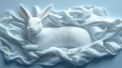 A serene white rabbit rests on soft, flowing white fabric, creating a calm and minimalist aesthetic.