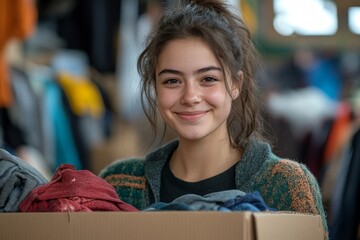 Close up of woman holds cardboard box filled with donated clothes while volunteering at charity center. Generative AI