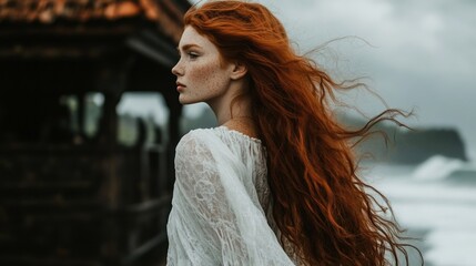 Fototapeta premium Enchanting red-haired woman gazing at the ocean with flowing hair